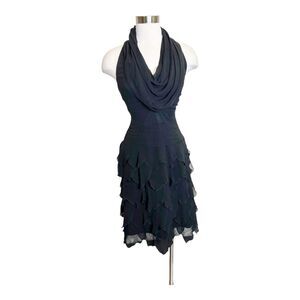 Tadashi Shoji Neiman Marcus VTG Black Silk Halter Dress Ruffle Sz 2